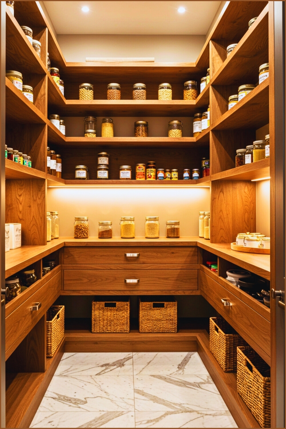 Elegant Pantry Wooden Shelves Neatly Arranged Jars