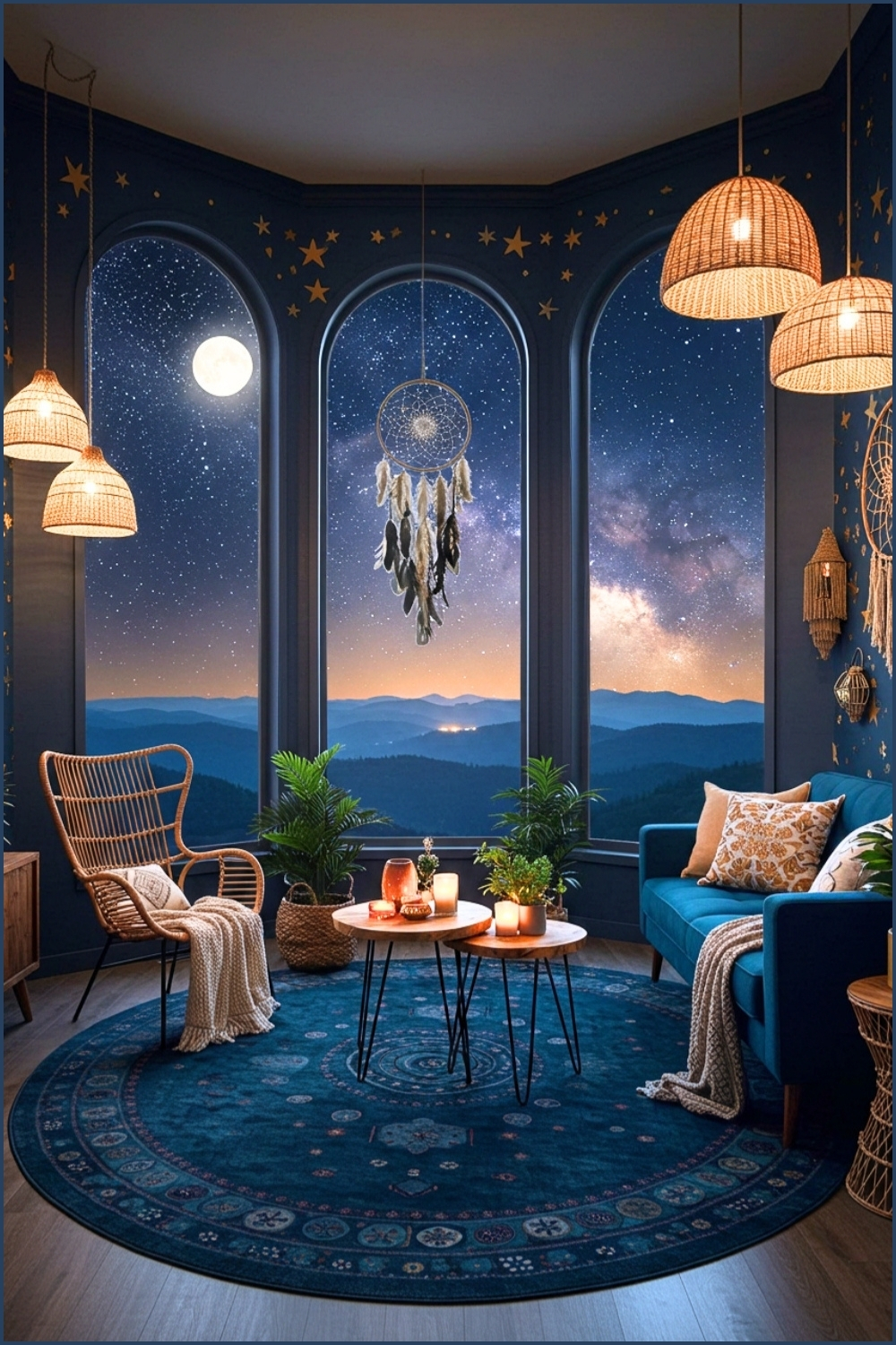 Enchanting Boho Living Room Night Arched Windows
