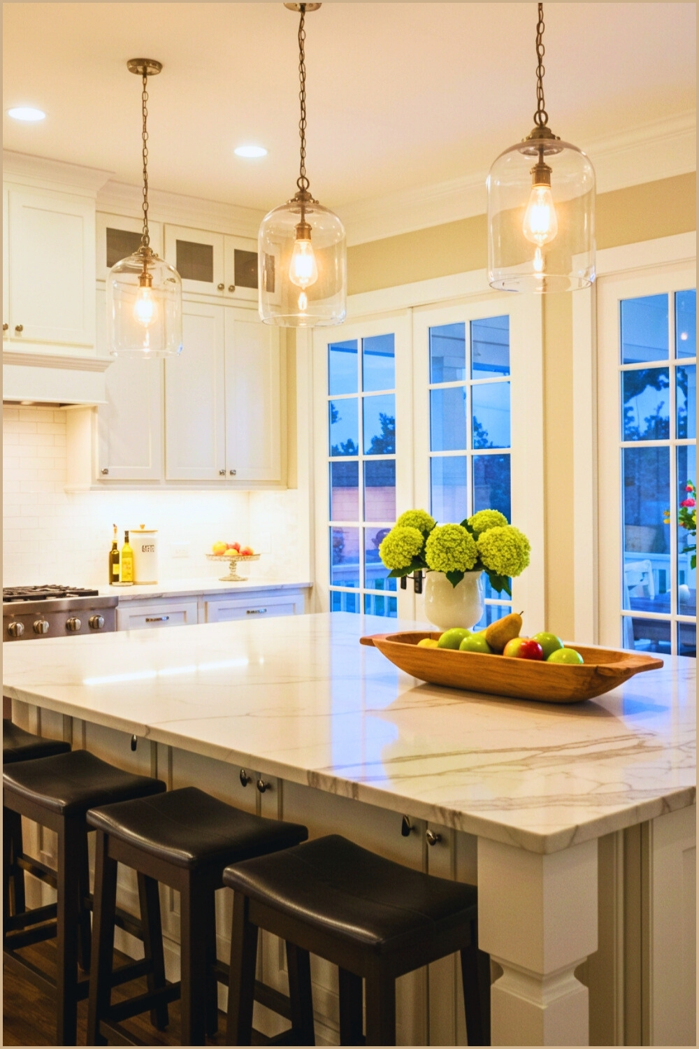 Evening-glow White Kitchen Carrara Marble Island