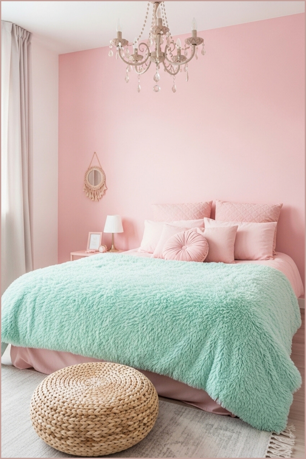 Feminine Cozy Bedroom, Pastel Pink Walls, Mint Green Fluffy Comforter