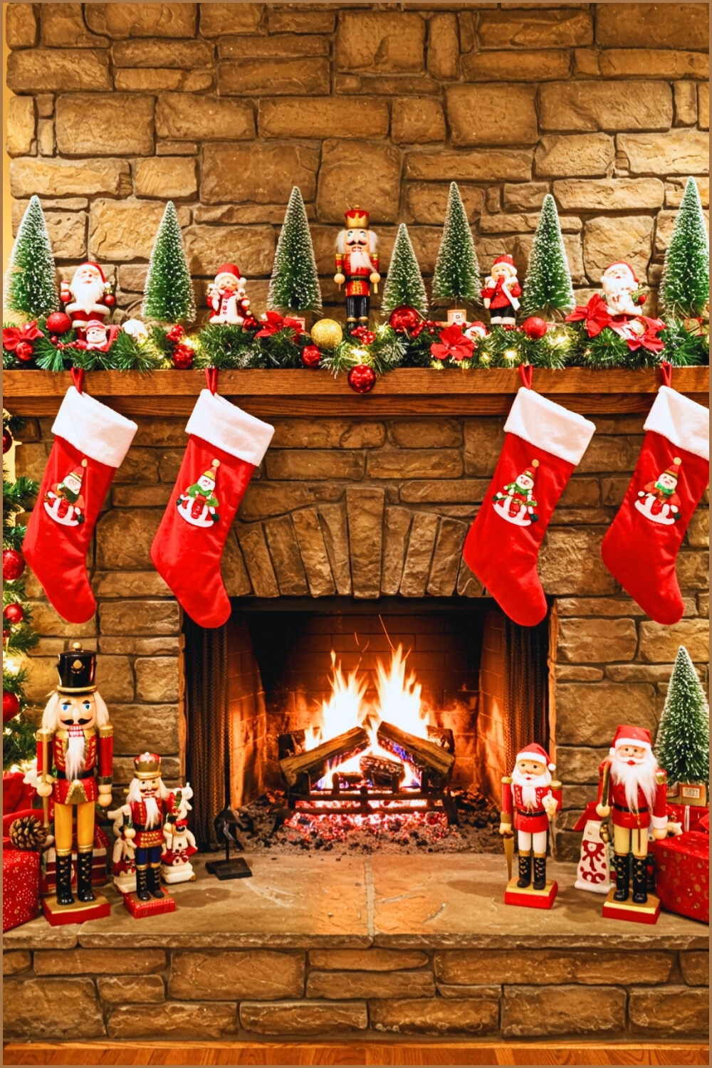 Festive Christmas Fireplace With Stone Surround