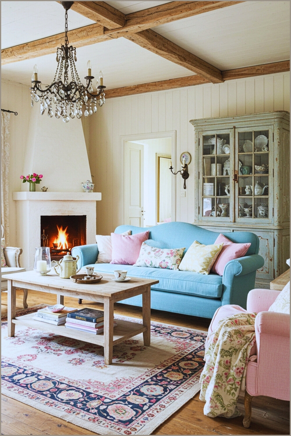 French Country Living Room With Rustic Blue Sofa