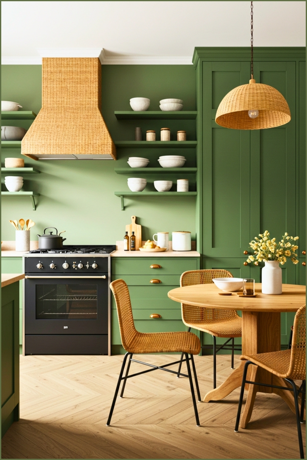Fresh Kitchen Green Cabinets Rattan Hood Vent