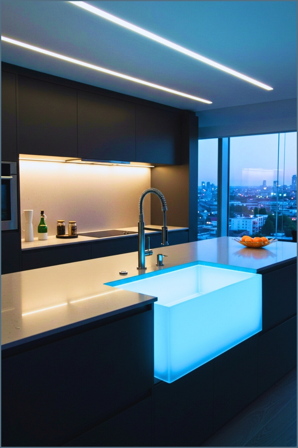 Futuristic Kitchen Illuminated Blue Sink Unique Island