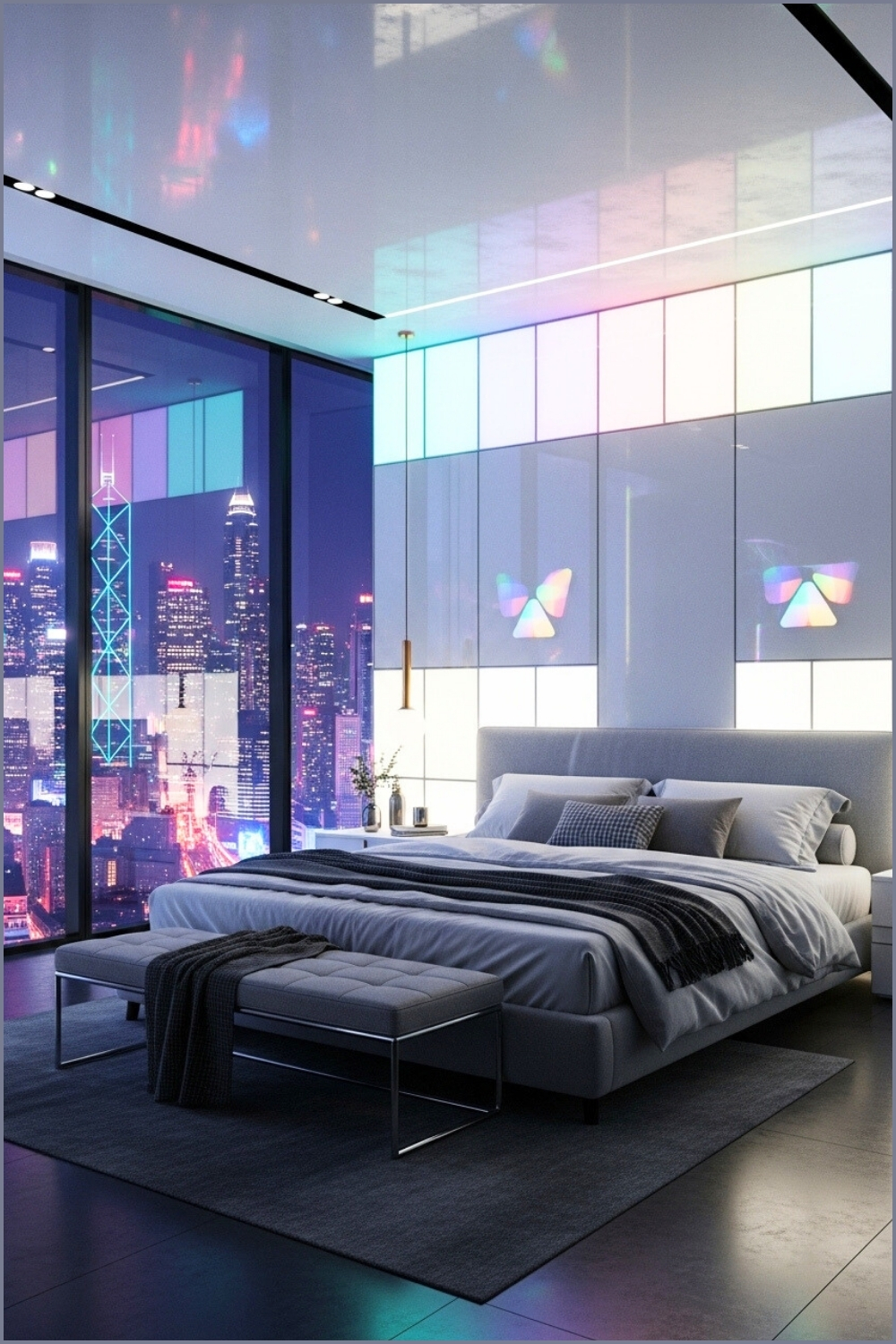 Futuristic Luxury Bedroom With Glowing Led Smart Lighting Panels On The Wall