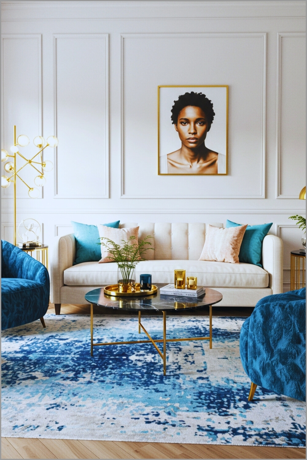 Glam Living Room Cream Sofa And Blue Accents