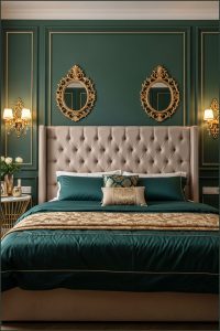 Glamorous Bedroom Design, Deep Emerald Green Paneled Walls With Gold Accents