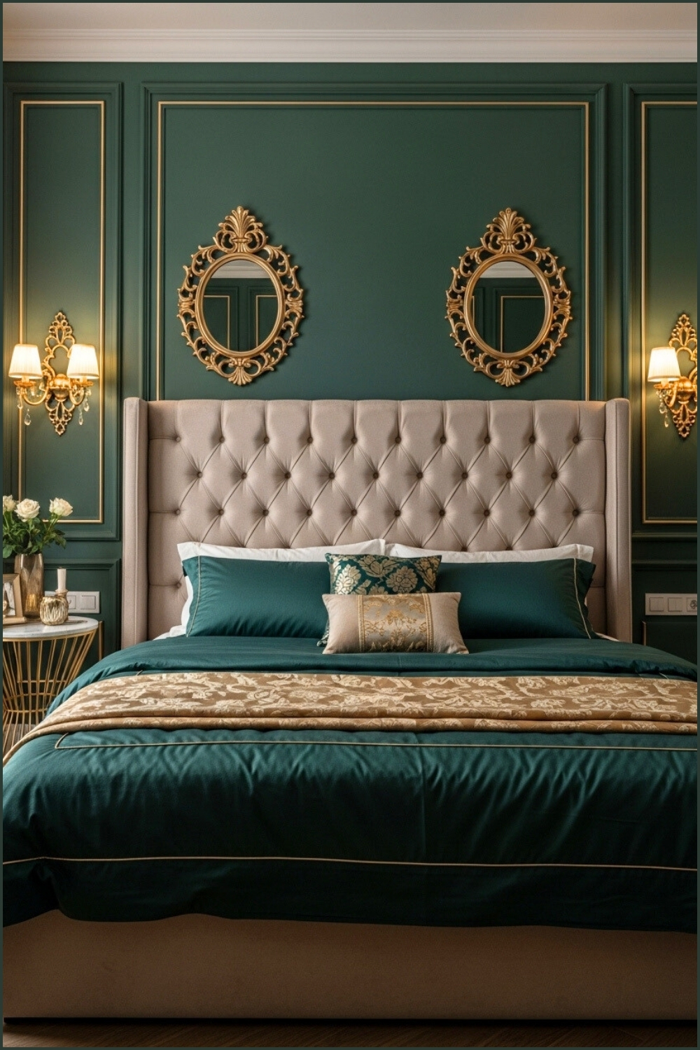Glamorous Bedroom Design, Deep Emerald Green Paneled Walls With Gold Accents
