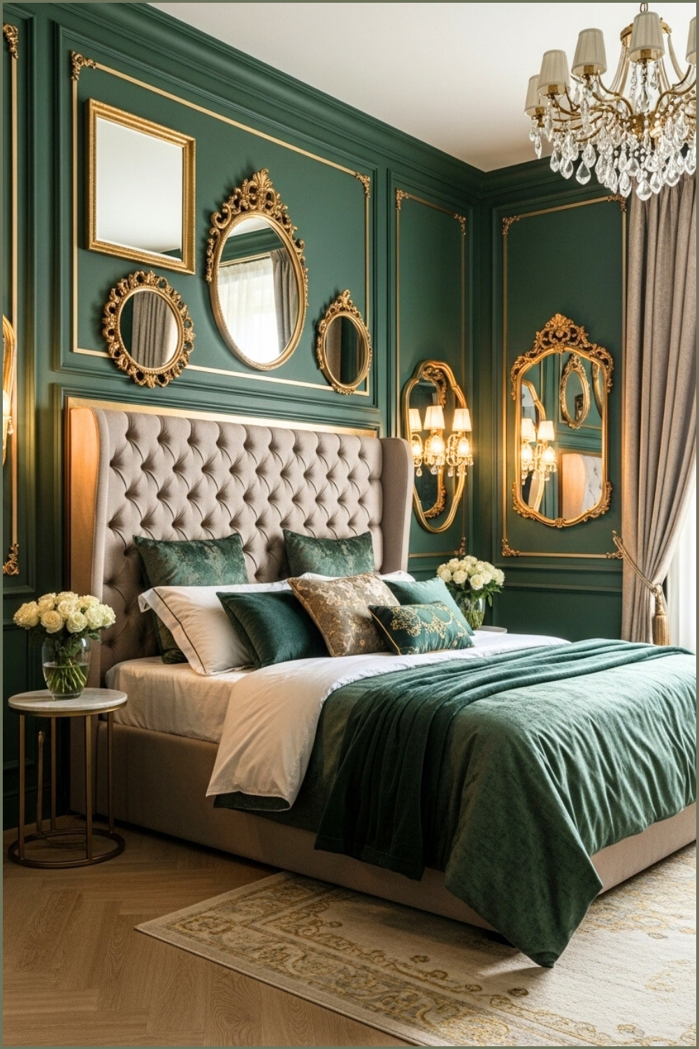 Glamorous Bedroom Design, Deep Emerald Green Paneled Walls With Gold Accents