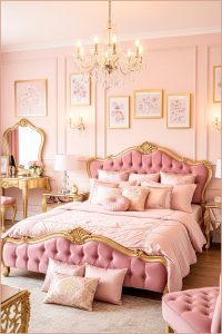 Glamorous Girly Bedroom, Pink Velvet Bed With Gold Accents, Chandelier Lighting