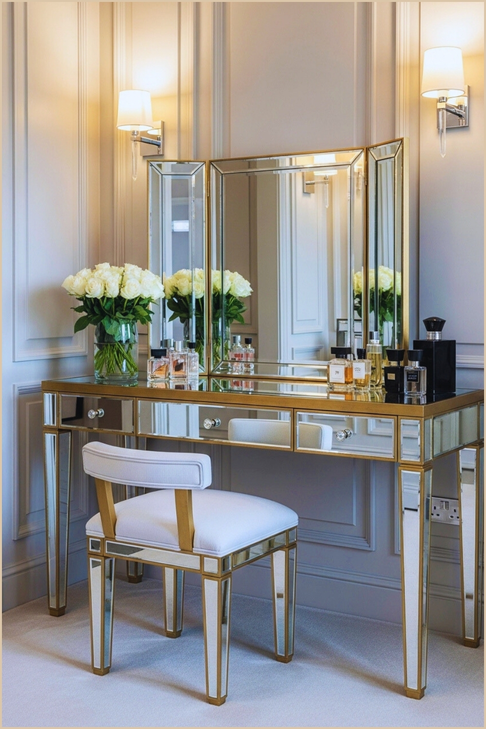 Glamorous Vanity Setup Exudes Sophistication With Its Gleaming Gold