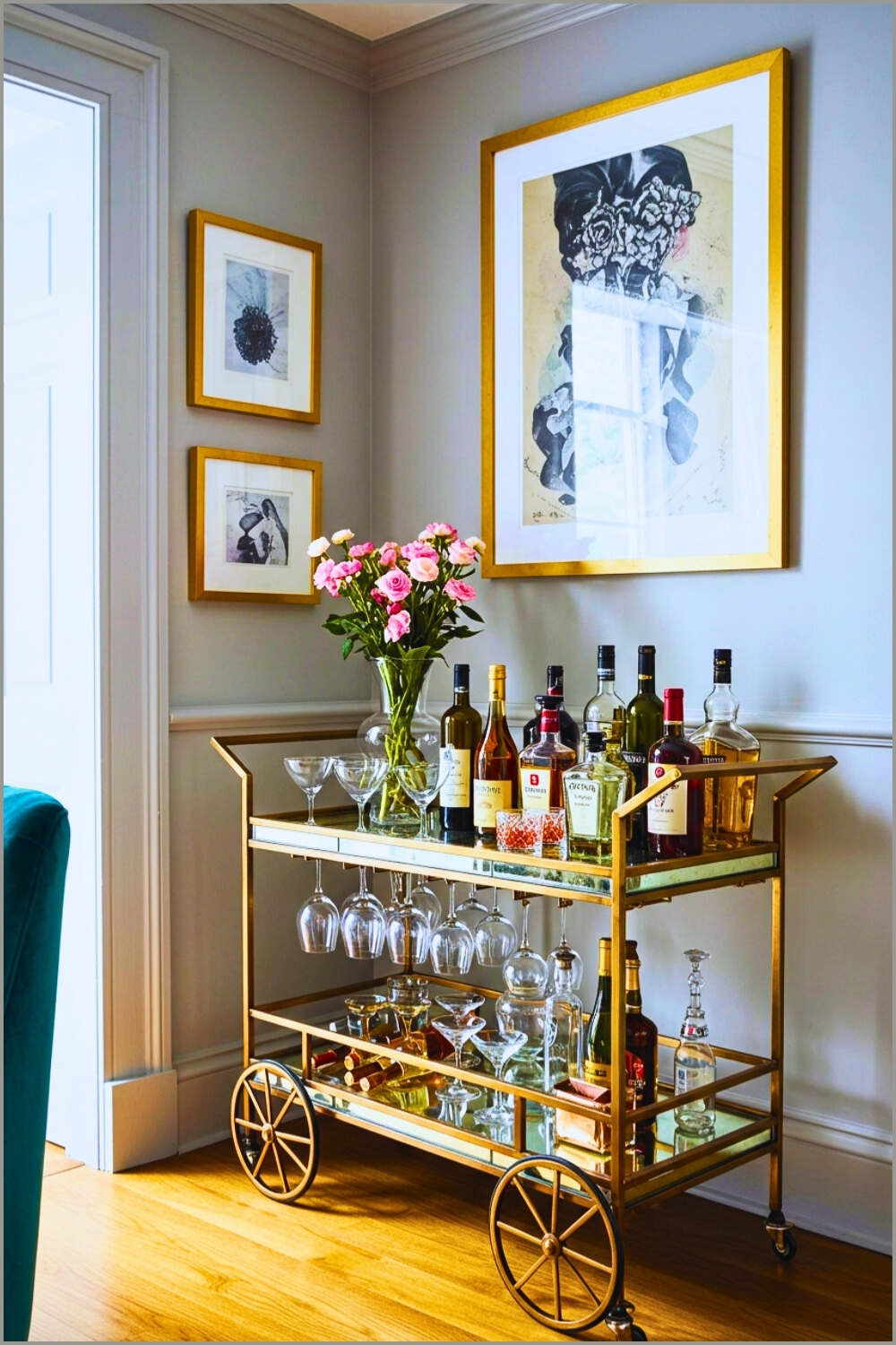 Gold Bar Cart Mirrored Shelves