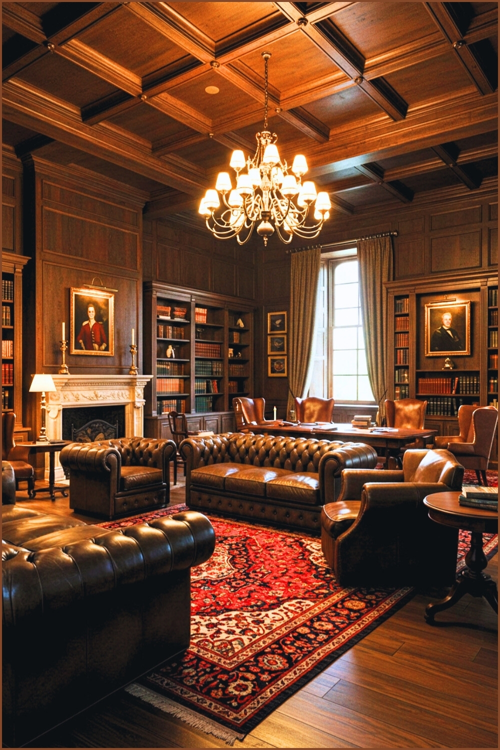 Grand Dark Academia Library Coffered Ceiling