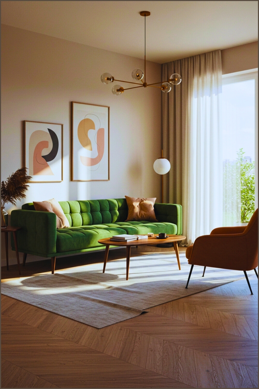 Green Velvet Sofa Tufted Cushions Brown Chair