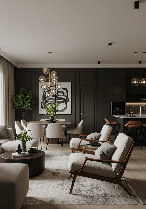 A Sophisticated Modern Open-plan Living And Dining Room With Warm Ambient Lighting
