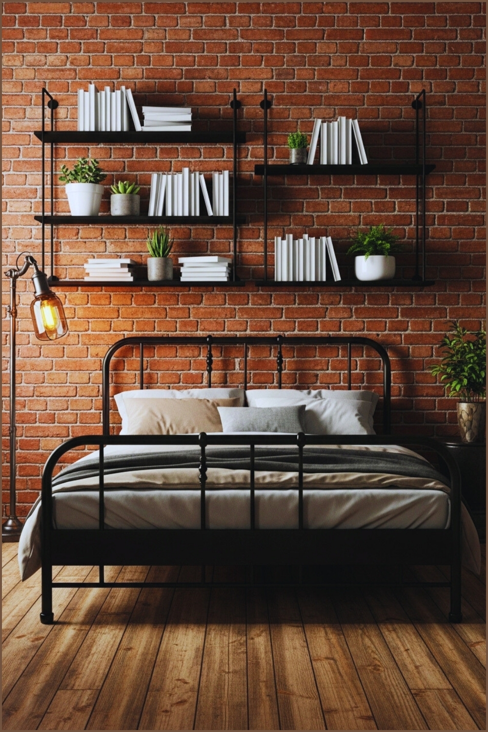 Industrial Bedroom With Exposed Brick Wall Black Metal Floating Shelves