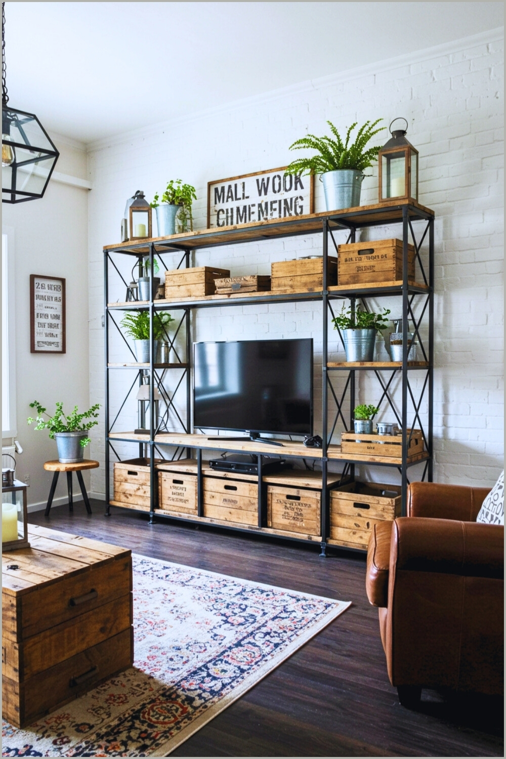 Industrial Farmhouse Living Room Painted Brick Wall