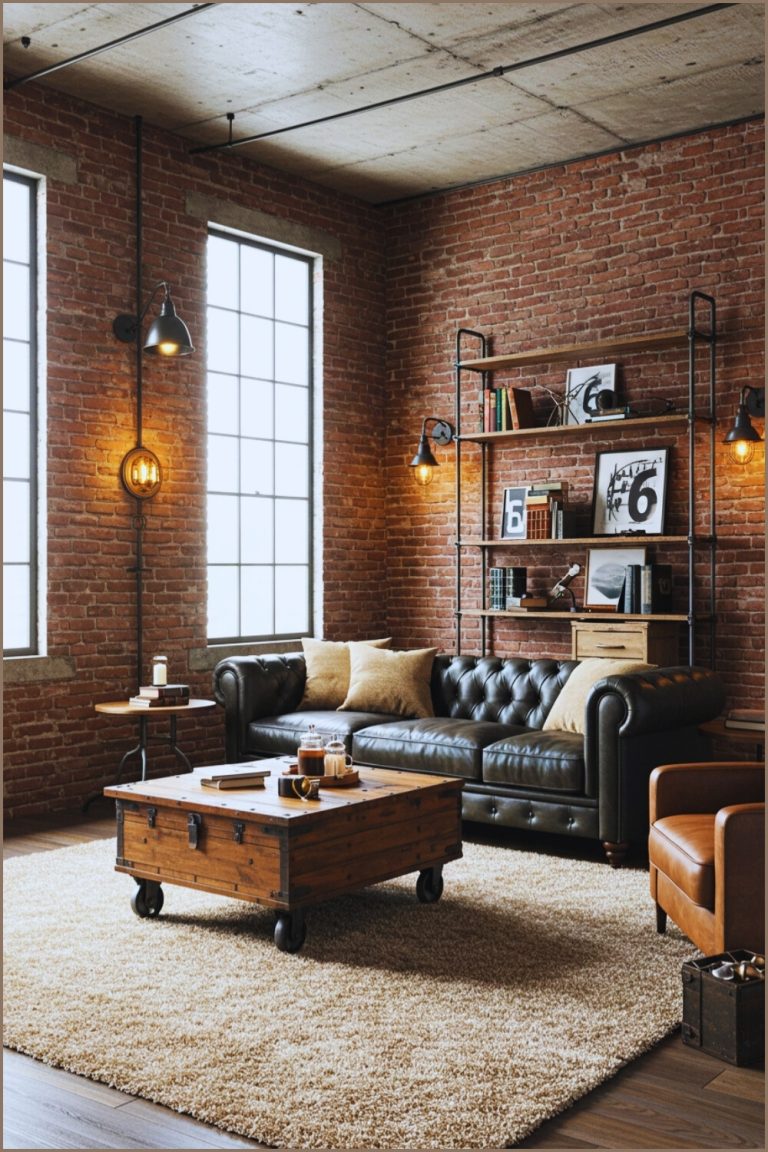 Industrial Living Room Exposed Brick Factory Windows