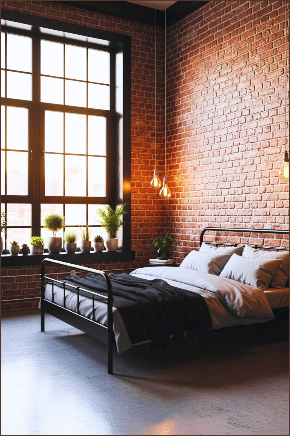 Industrial Loft Bedroom With Exposed Brick Walls, Metal Bed Frame