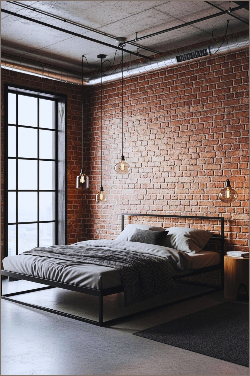 Industrial Loft Bedroom With Exposed Brick Walls Metal Bed Frame