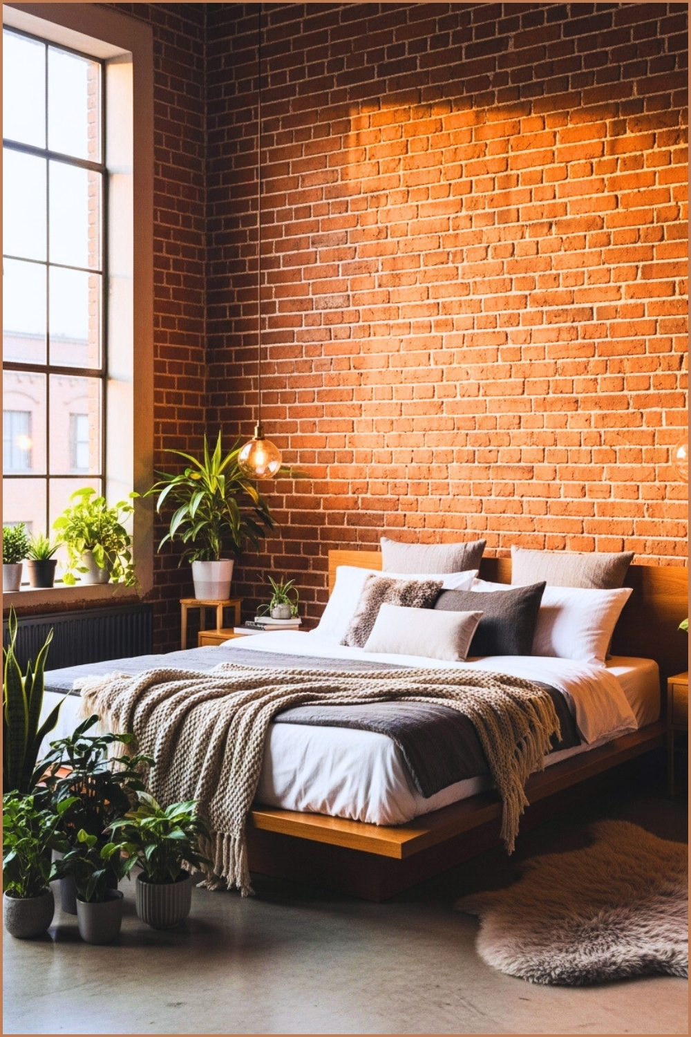 Industrial Loft Bedroom With Exposed Red Brick Wall Modern Low Wooden