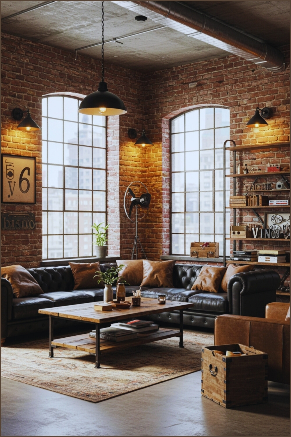 Industrial Loft Living Room Brick Walls And Large Windows