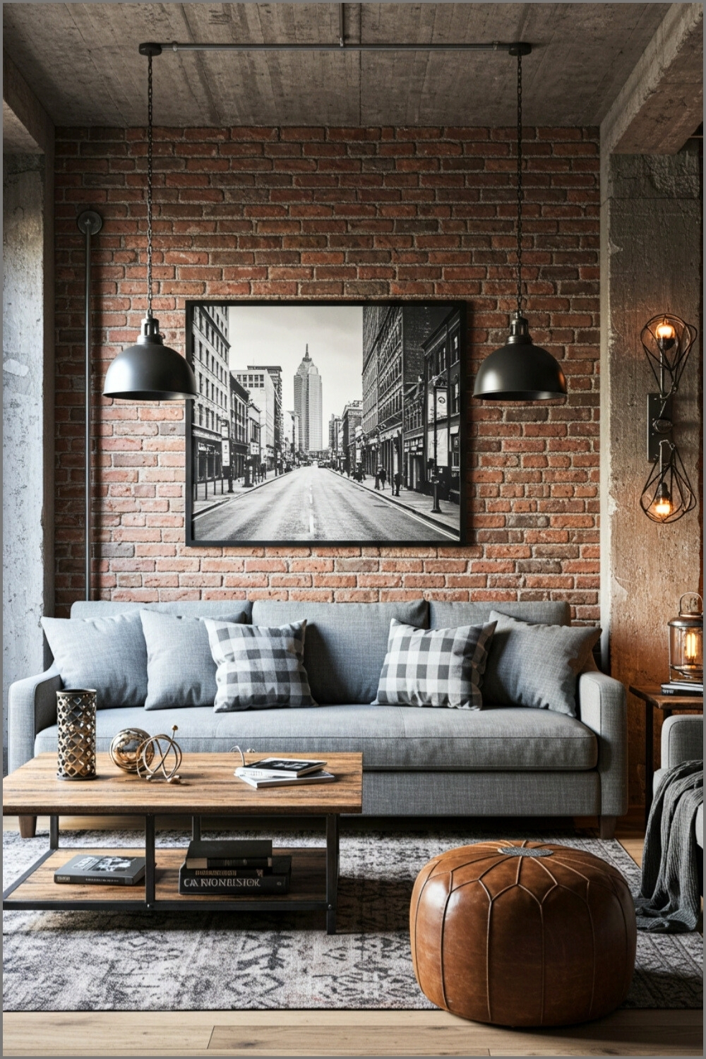 Industrial Loft Living Room Exposed Brick And Gray Sofa