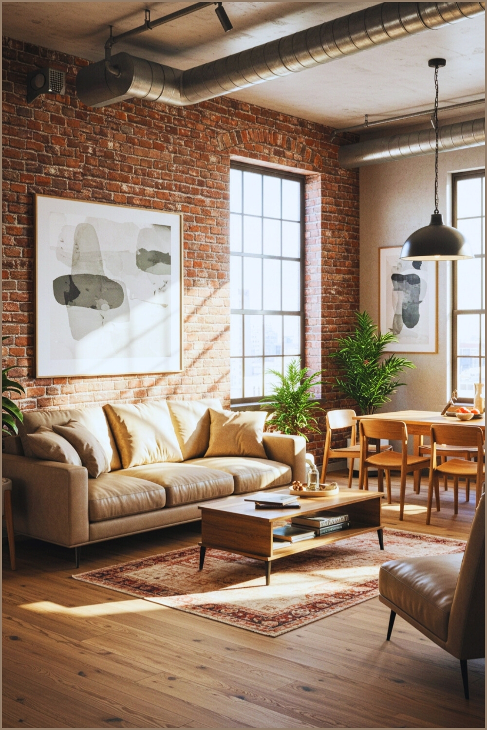 Industrial Modern Living Room Exposed Brick And Large Windows