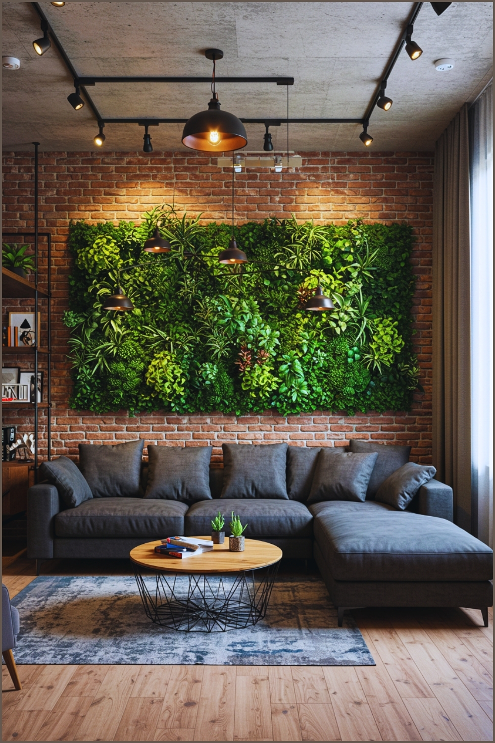 Industrial Modern Living Room With Exposed Brick Wall, Vertical Green Plant Wall