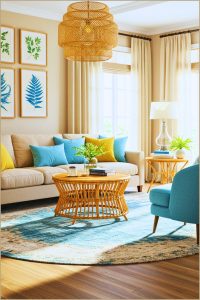 Inviting Living Room Neutral Sofa And Colorful Pillows