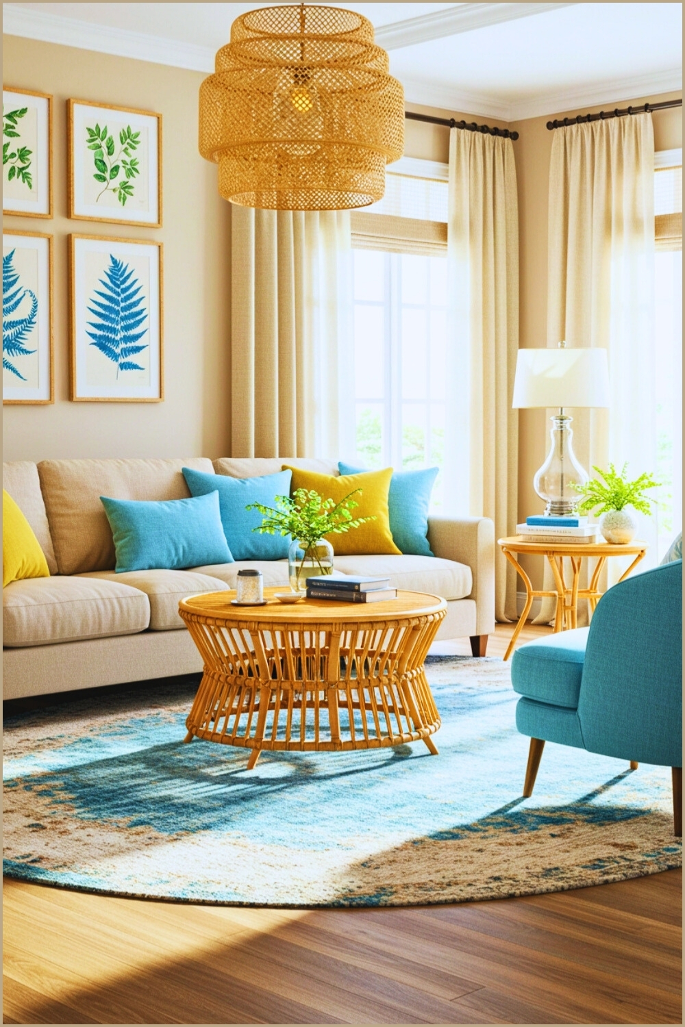 Inviting Living Room Neutral Sofa And Colorful Pillows