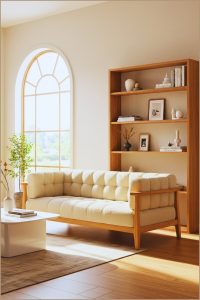 Japandi Living Room With Arched Window Natural Light