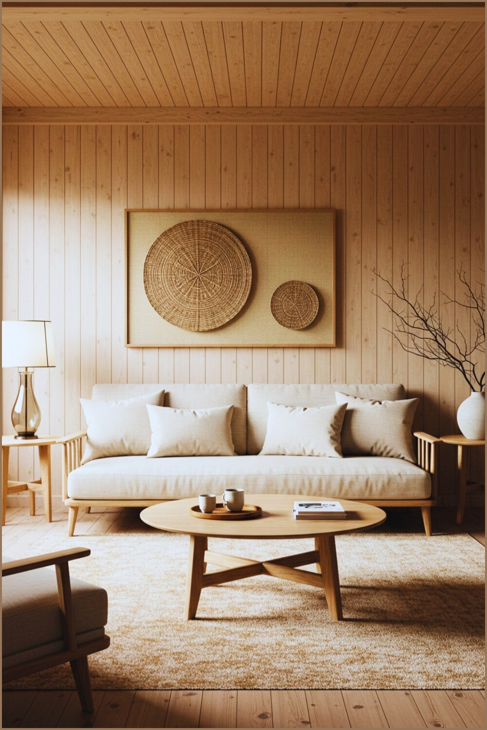 Japandi Living Room Wood Accents And Neutral Sofa