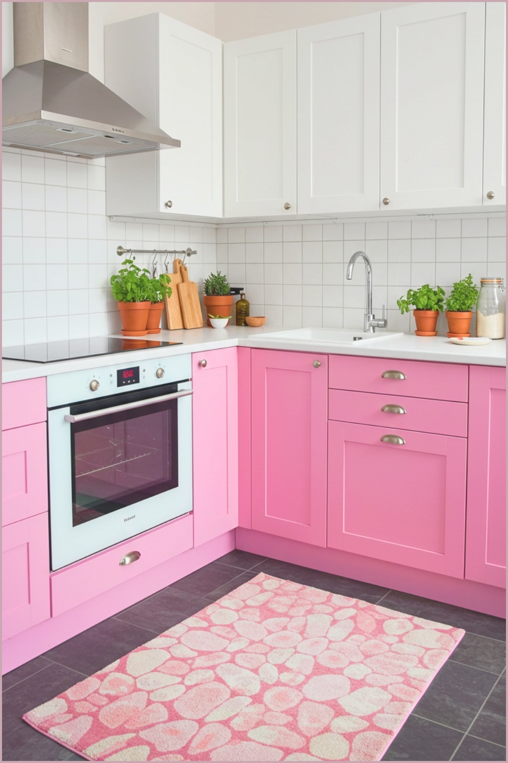 L-Shaped Kitchen With Matte Pink Cabinets