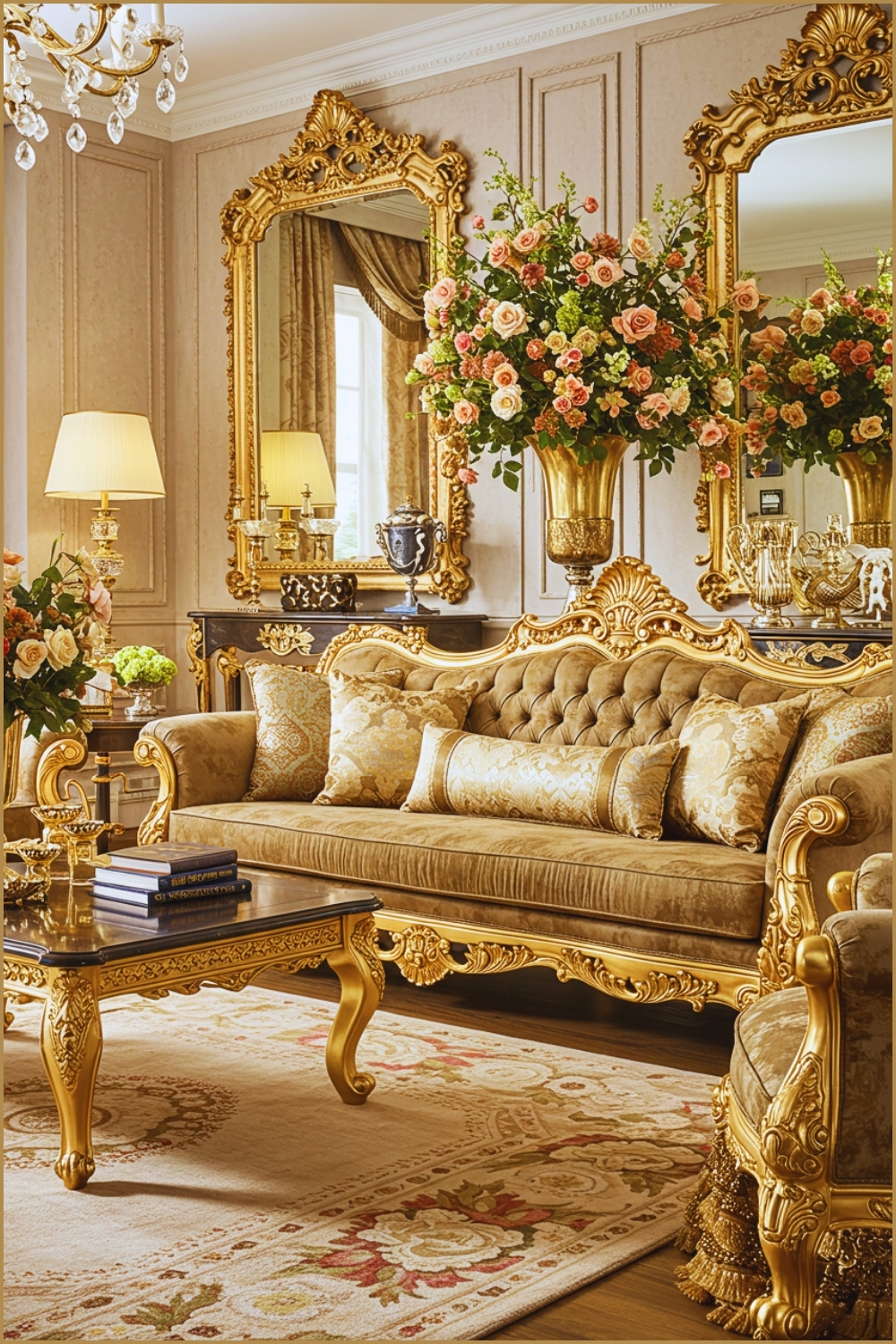 Luxurious Baroque Style Living Room With Ornate Gold Furniture, Velvet Upholstery