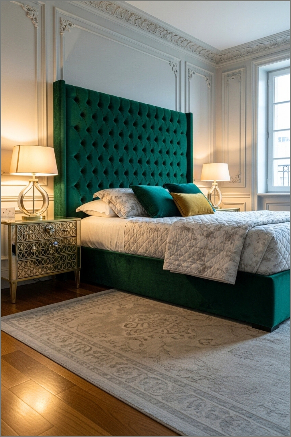 Luxurious Bedroom Interior With Emerald Green Velvet Tufted Headboard