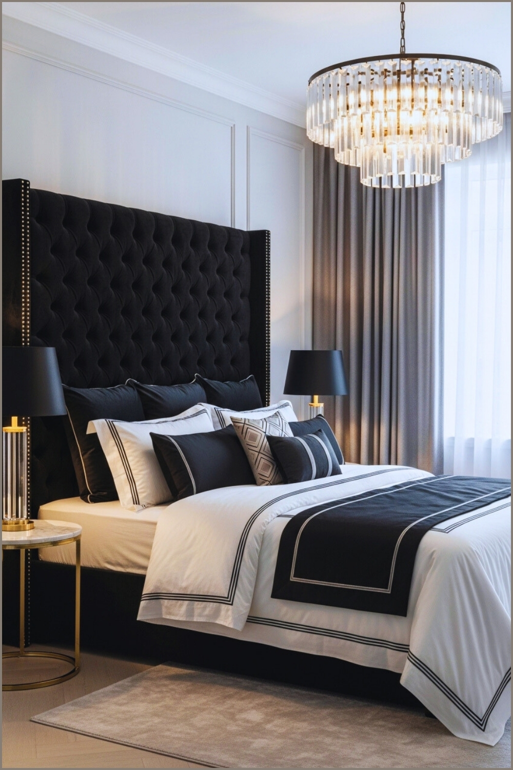 Luxurious Bedroom With Black Tufted Headboard Crystal Chandelier