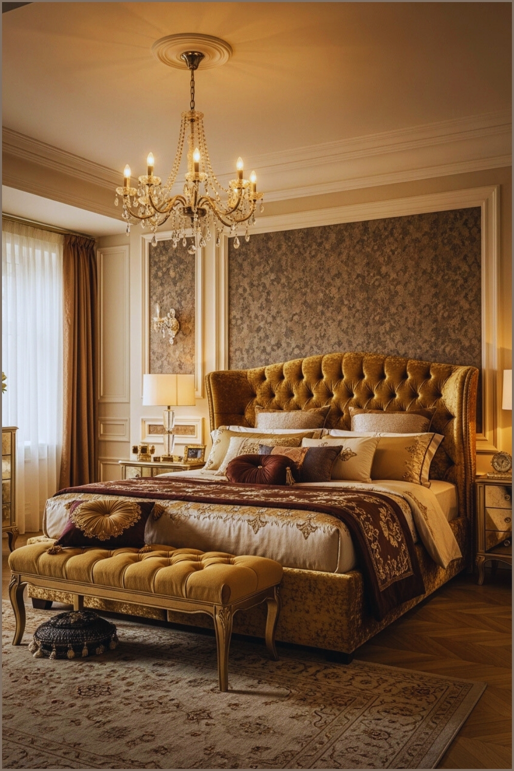 Luxurious Bedroom With Cherry Wood Furniture, Gold Chandelier