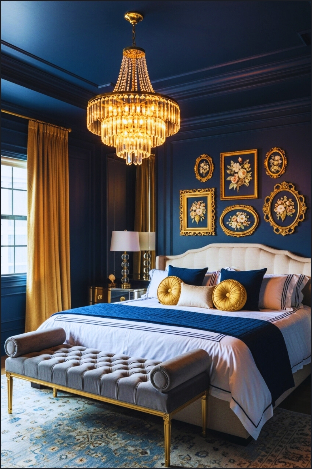 Luxurious Bedroom With Navy Blue Walls And Ceiling Gold Accents