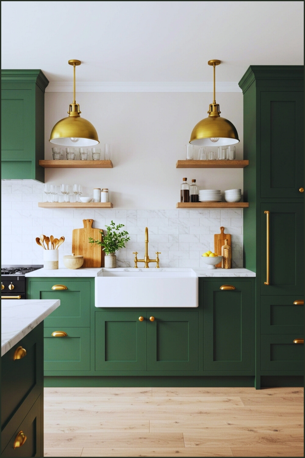 Luxurious Deep Green Cabinets Brass Hardware