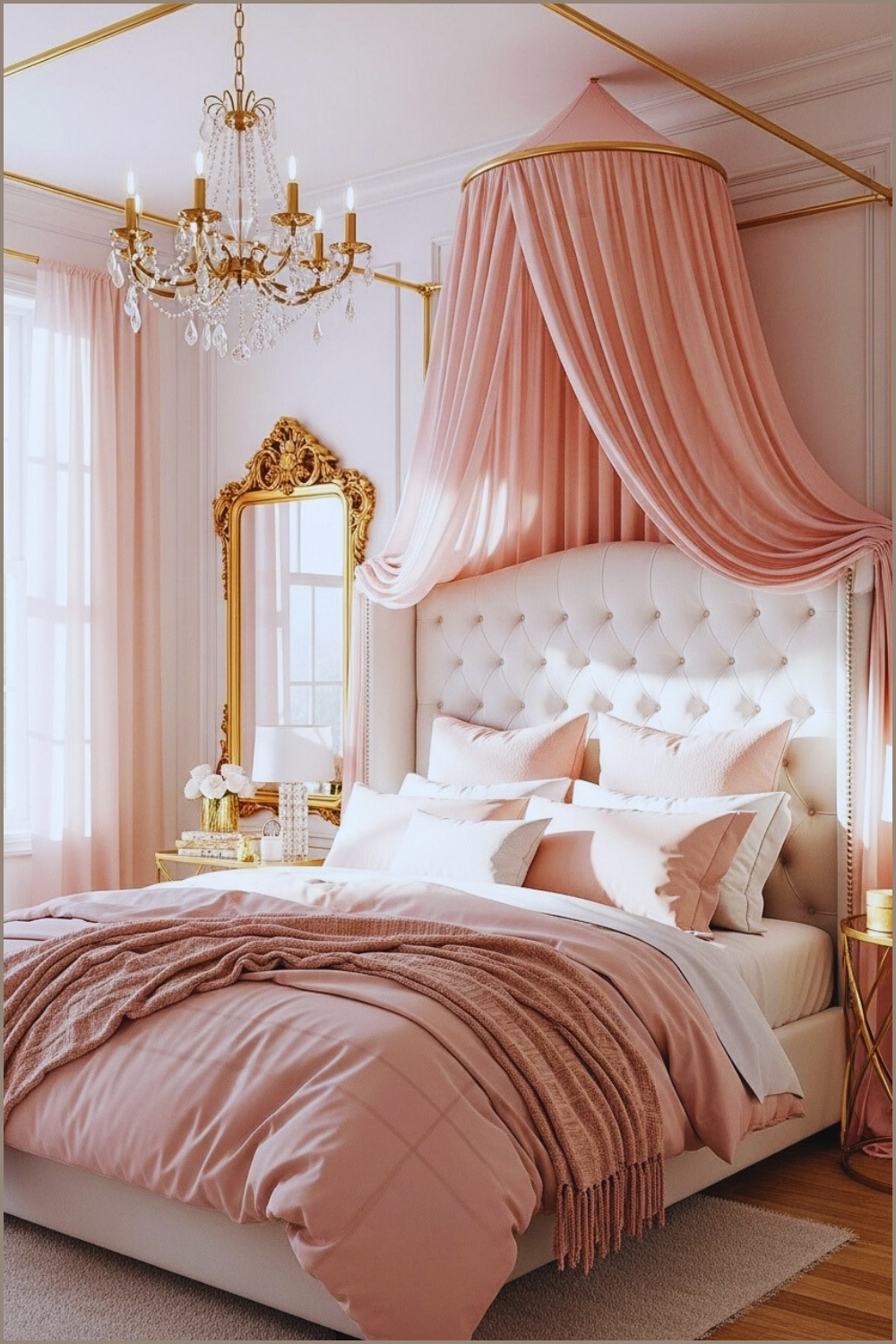 Luxurious Girly Bedroom, Sheer Pink Canopy Drapes Over Tufted White Bed