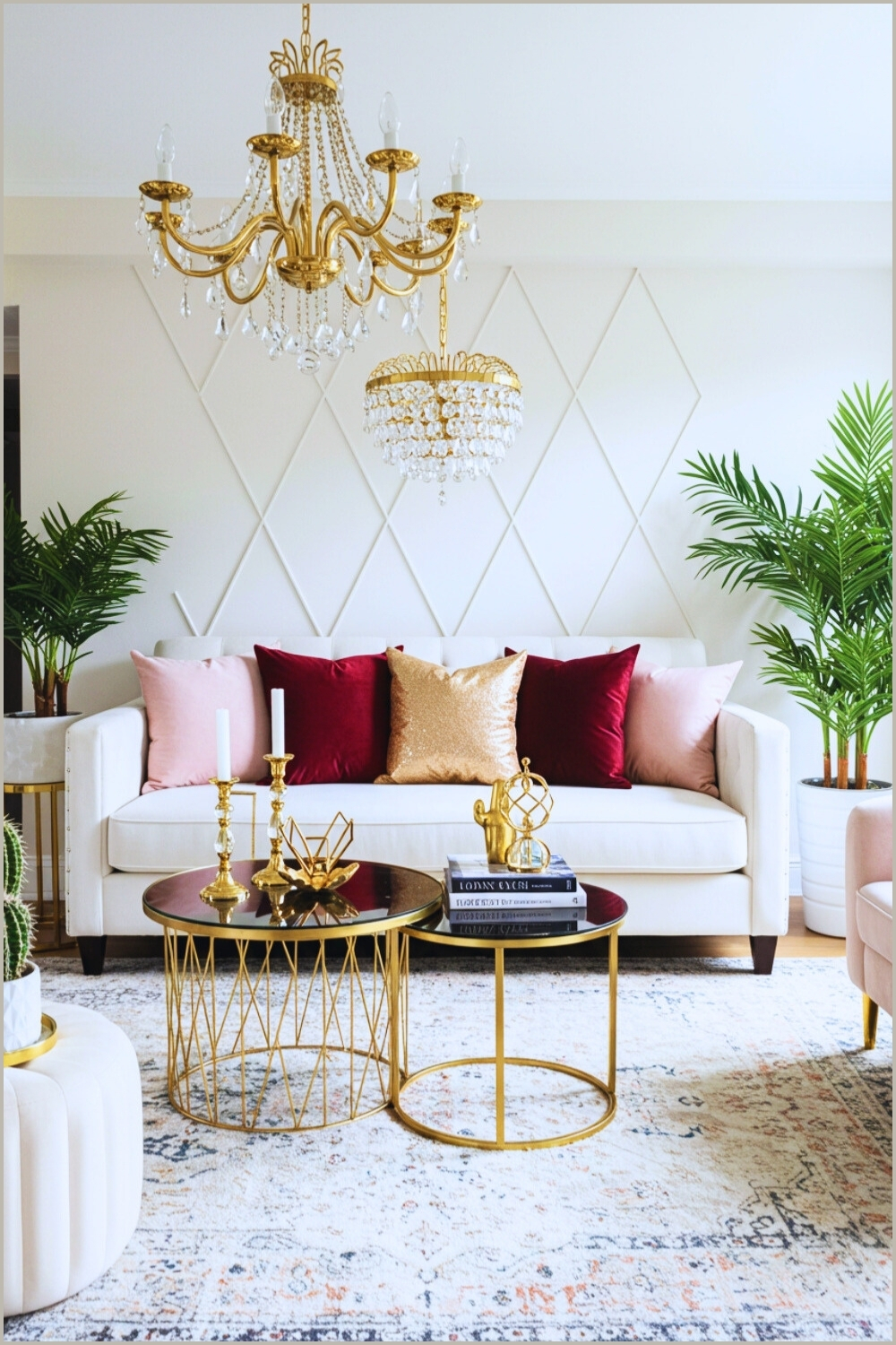Luxurious Glam Living Room White Sofa Velvet Pillows