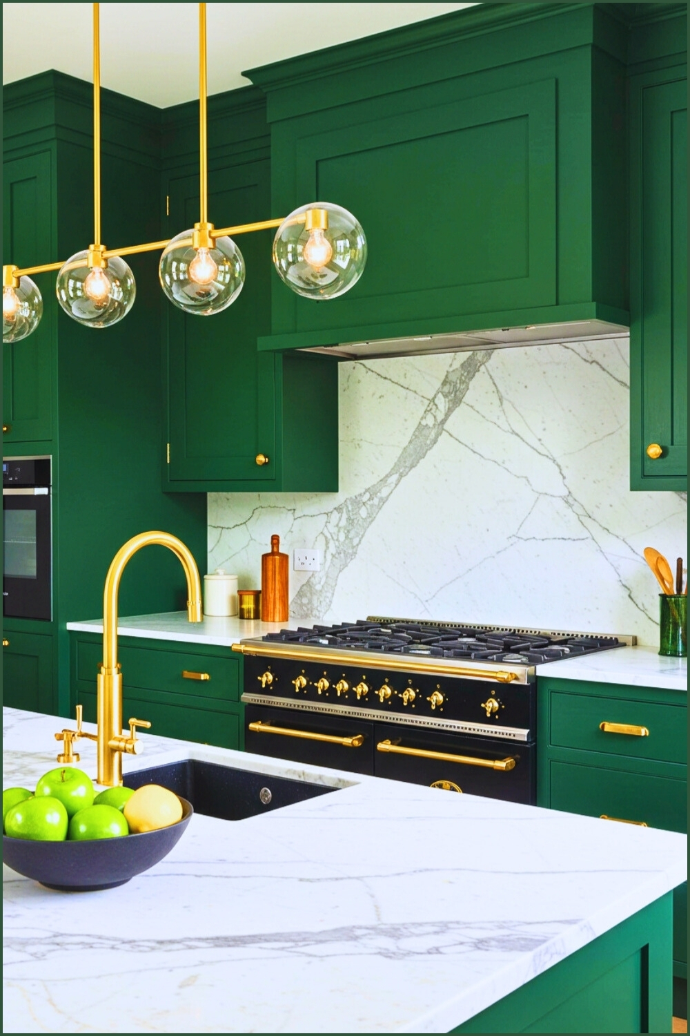 Luxurious Kitchen Deep Green Cabinets Gold Hardware
