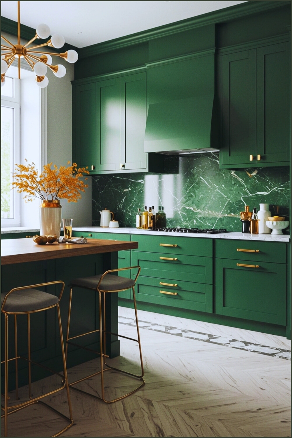Luxurious Kitchen Deep Green Cabinets Marble Floor