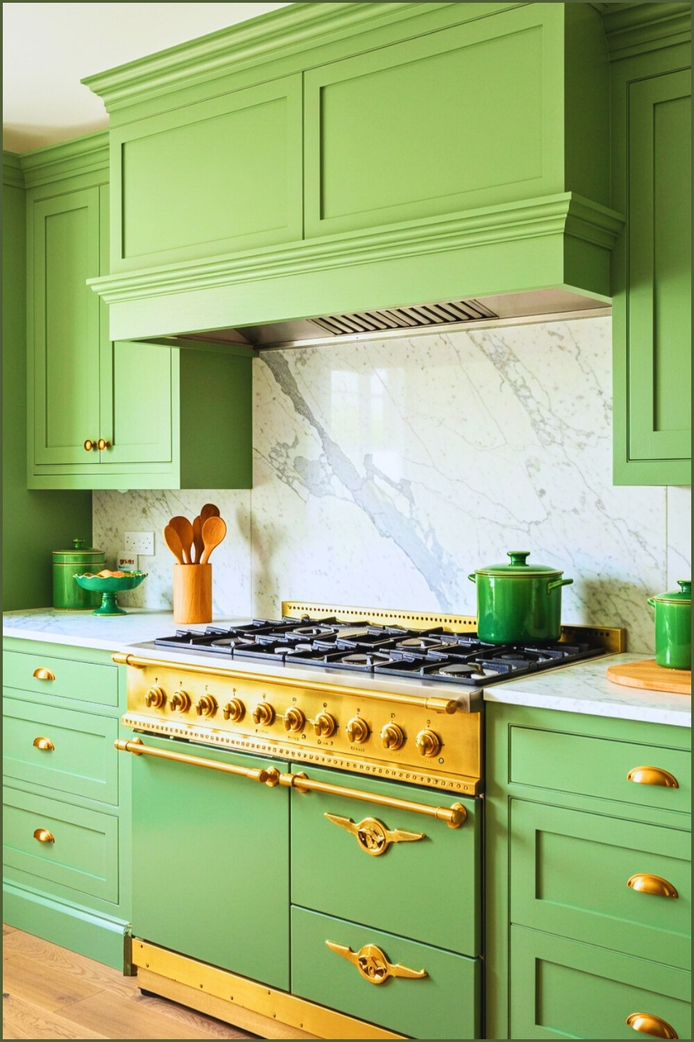 Luxurious Kitchen Green Cabinets Brass Accents