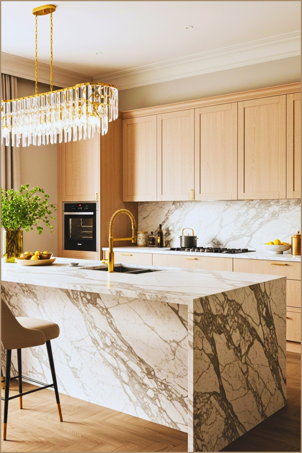Luxurious Kitchen Marble Countertop Sleek Wood Cabinets