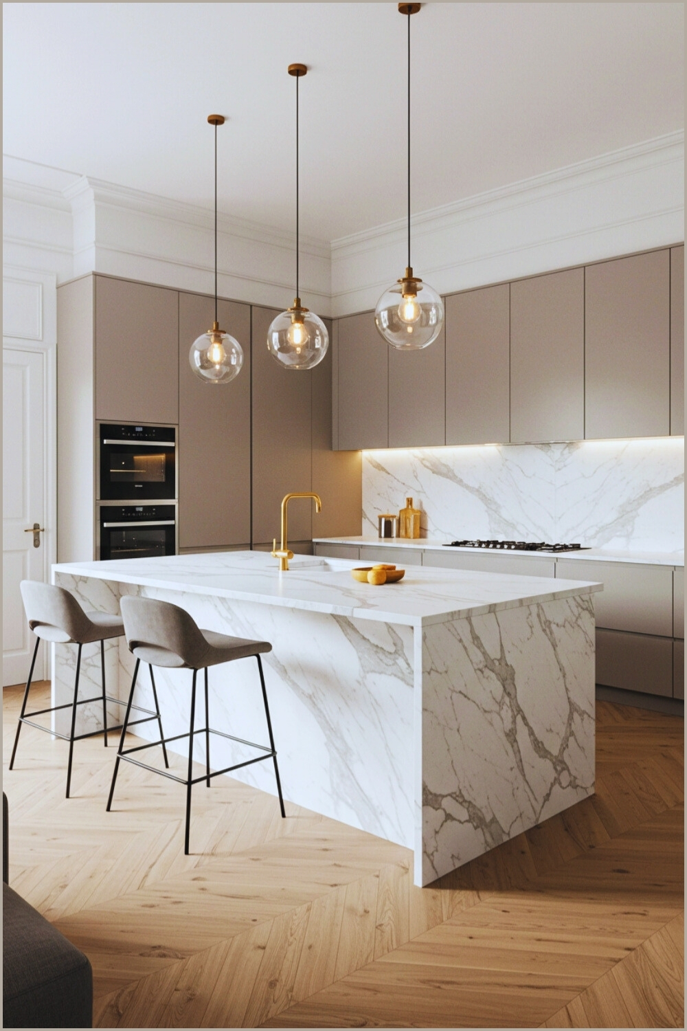 Luxurious Kitchen White Marble Island Sleek Cabinets