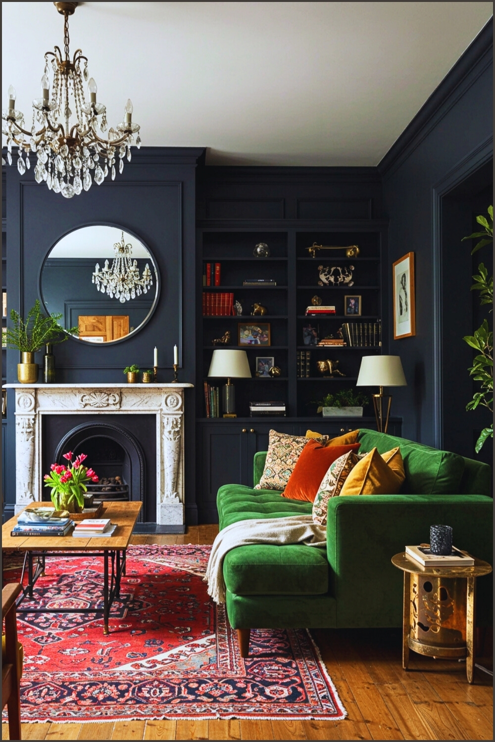Luxurious Living Room Dark Painted Walls Built In Black