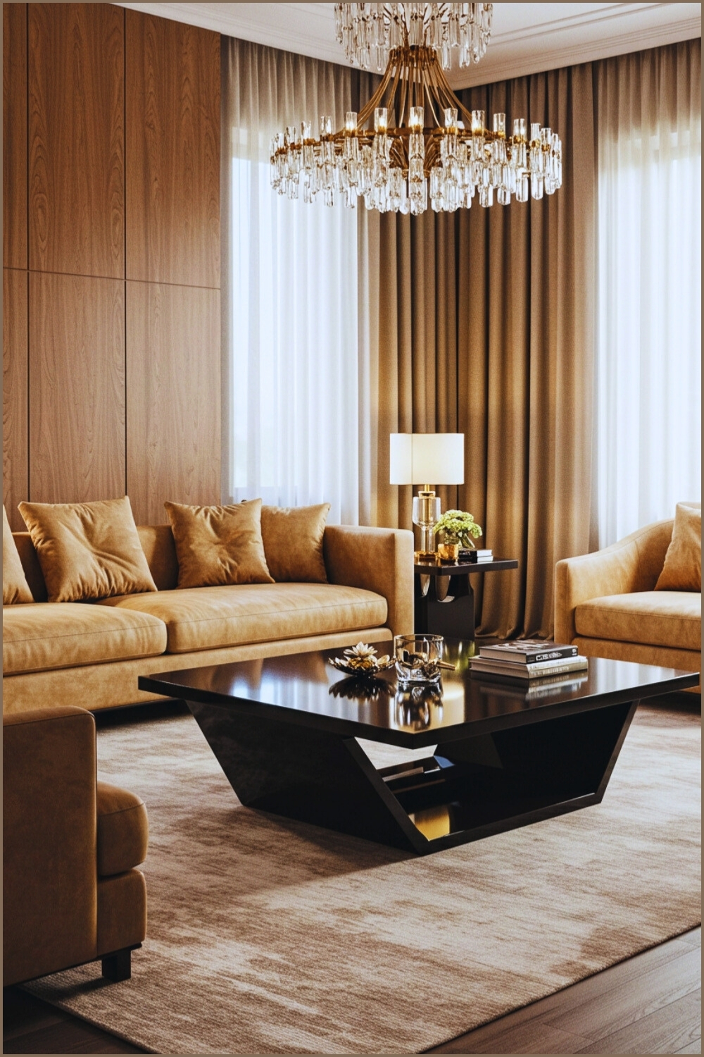 Luxurious Living Room Velvet Sofa And Champagne Tones