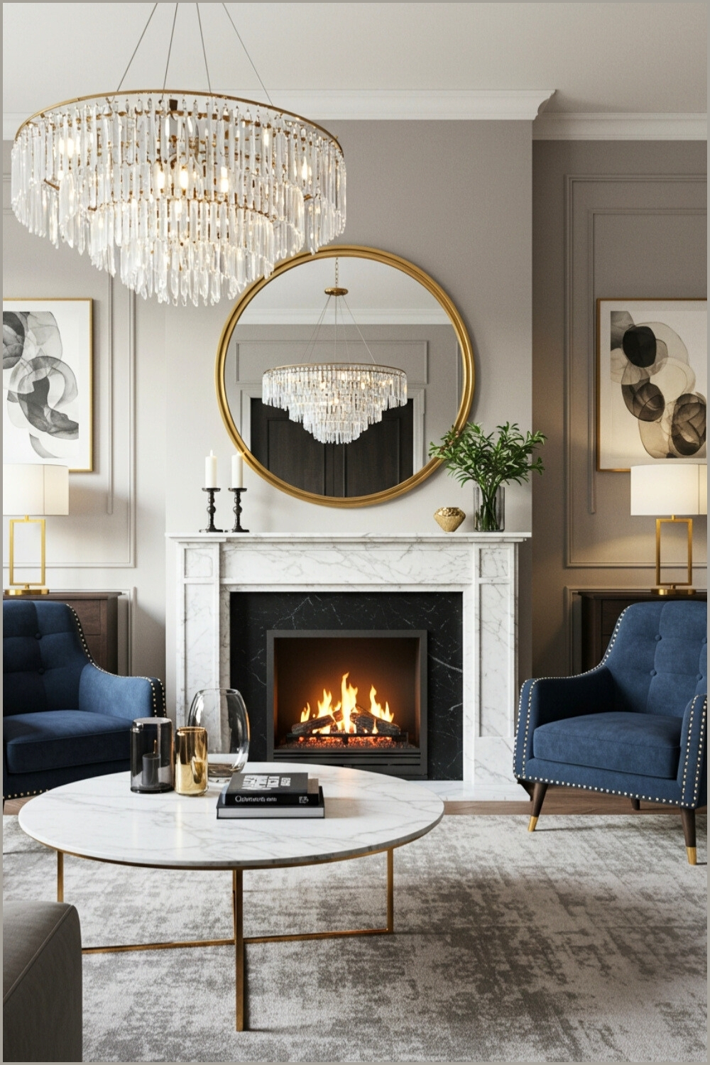 Luxurious Living Room With A Stunning Marble Fireplace